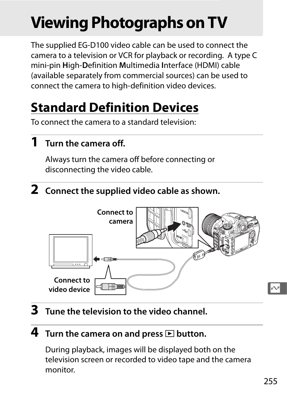 Viewing photographs on tv, Standard definition devices | Nikon D700 User Manual | Page 281 / 472