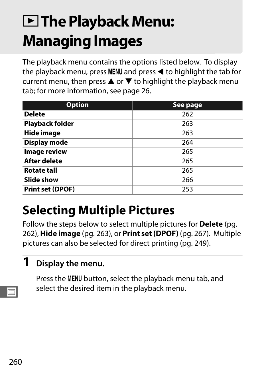 The playback menu:managing images, Dthe playback menu: managing images, Selecting multiple pictures | Nikon D700 User Manual | Page 286 / 472