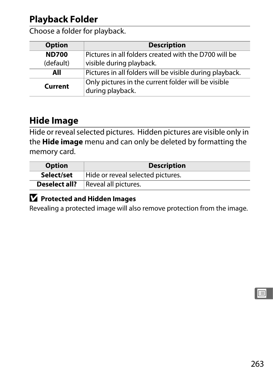 Playback folder, Hide image | Nikon D700 User Manual | Page 289 / 472