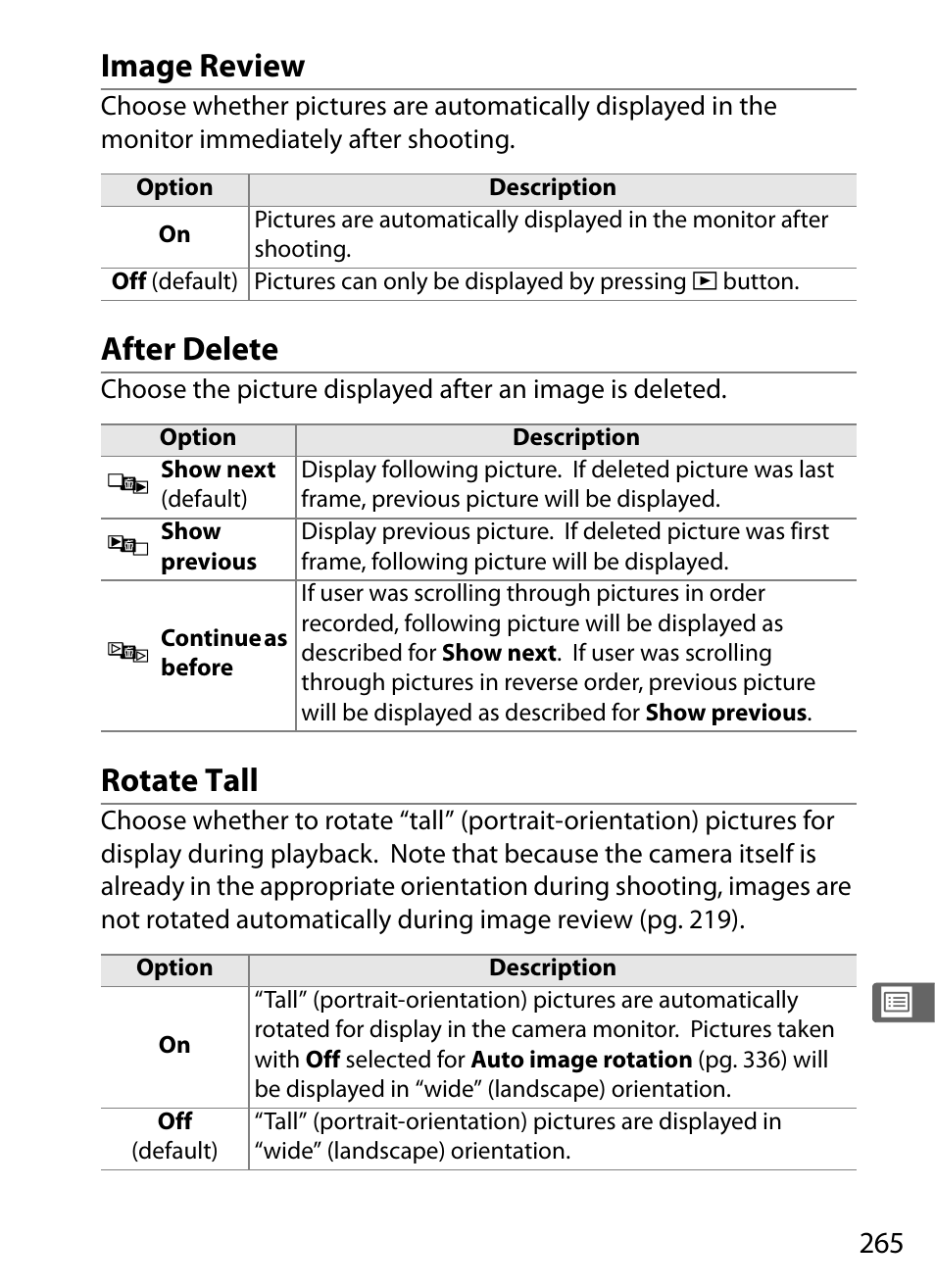 Image review, After delete, Rotate tall | Nikon D700 User Manual | Page 291 / 472