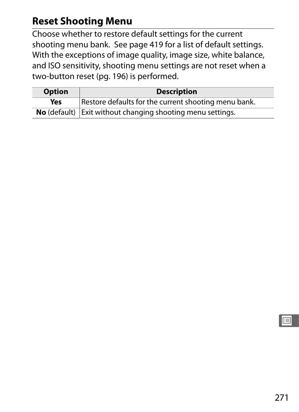 Reset shooting menu | Nikon D700 User Manual | Page 297 / 472