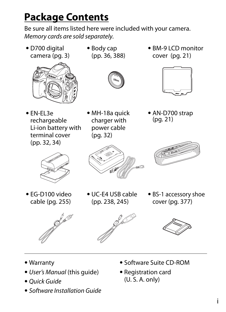 Package contents | Nikon D700 User Manual | Page 3 / 472