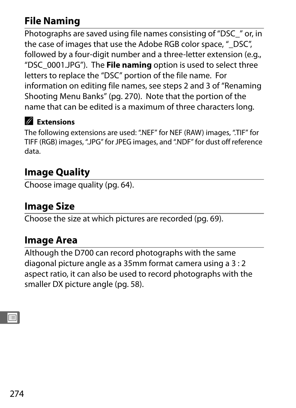 File naming, Image quality, Image size | Image area | Nikon D700 User Manual | Page 300 / 472