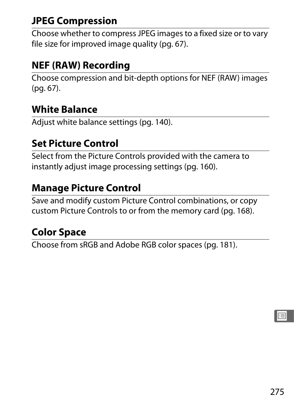 Jpeg compression, Nef (raw) recording, White balance | Set picture control, Manage picture control, Color space | Nikon D700 User Manual | Page 301 / 472