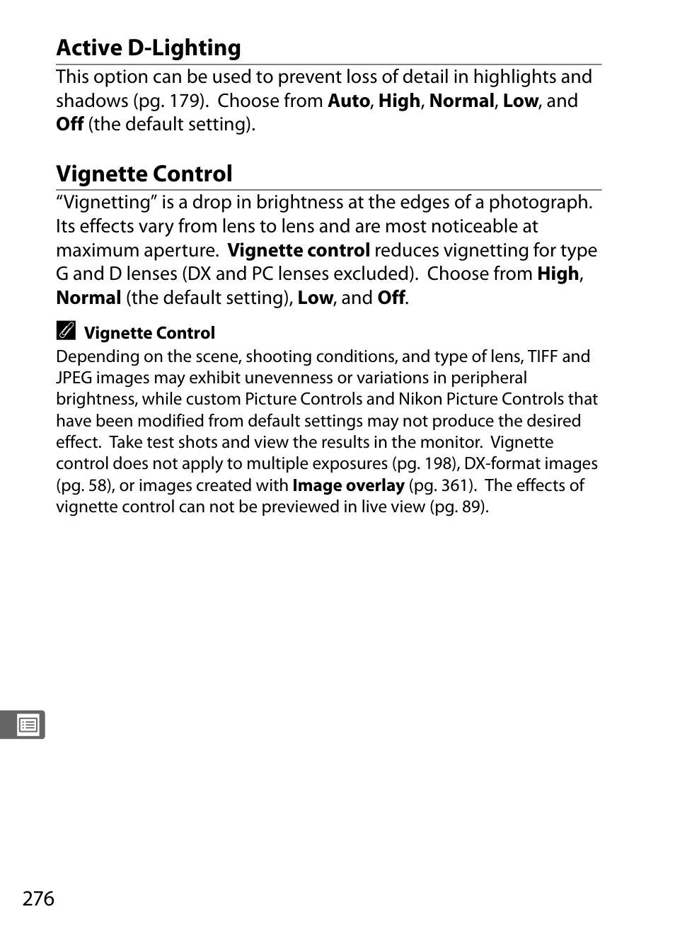 Active d-lighting, Vignette control | Nikon D700 User Manual | Page 302 / 472