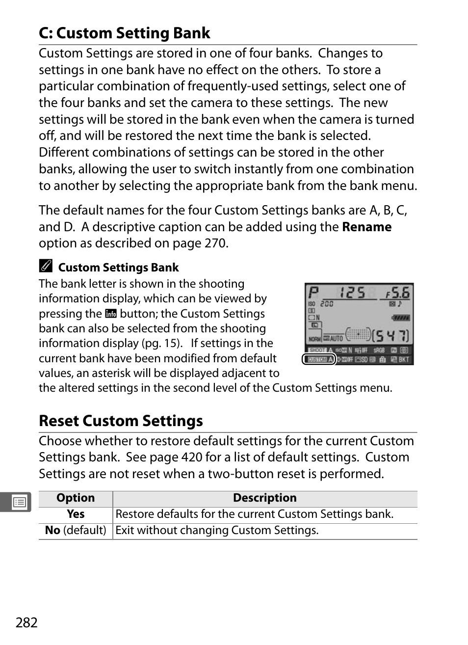 Custom setting bank, Reset custom settings, C: custom setting bank | Nikon D700 User Manual | Page 308 / 472