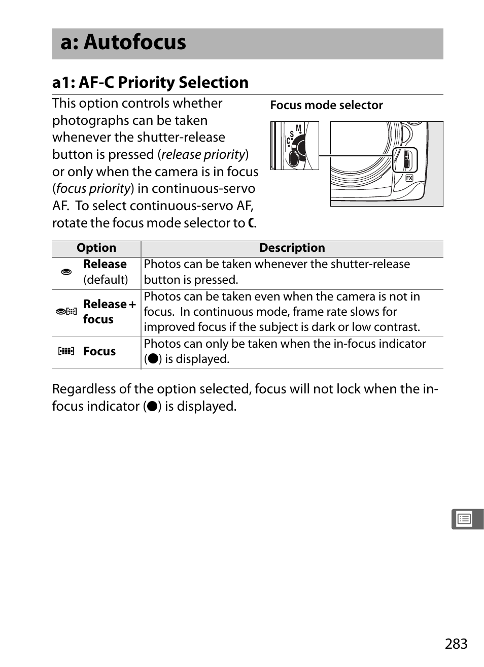 A: autofocus, A1: af-c priority selection | Nikon D700 User Manual | Page 309 / 472