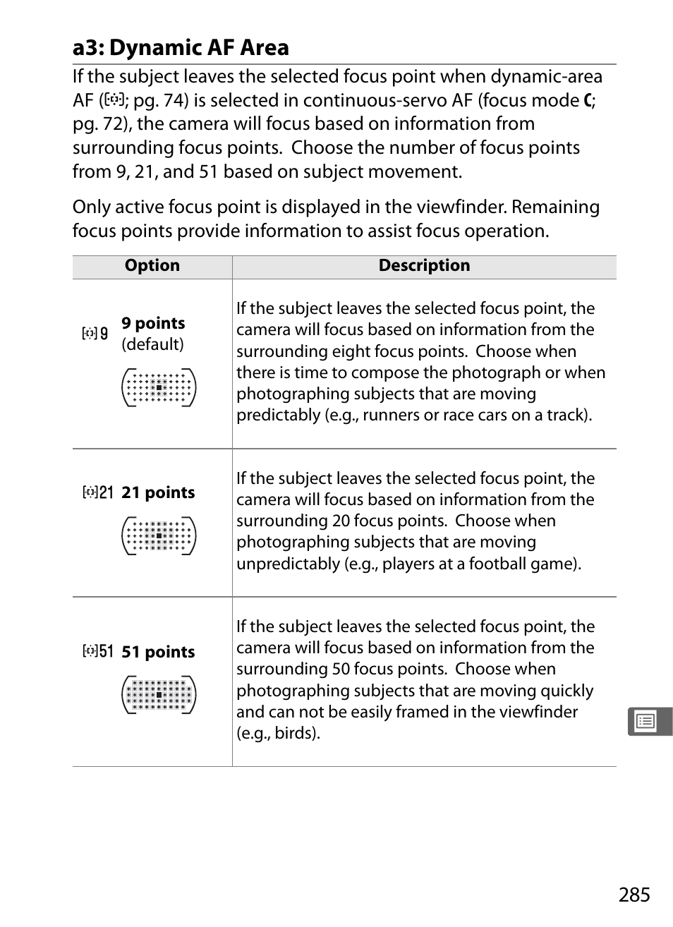 A3: dynamic af area | Nikon D700 User Manual | Page 311 / 472