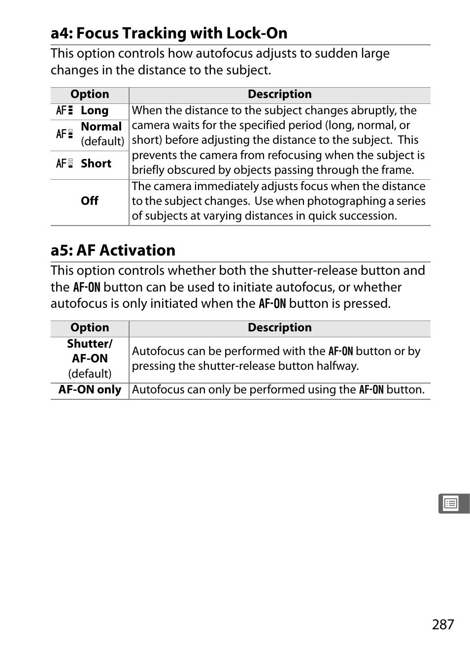 A4: focus tracking with lock-on, A5: af activation | Nikon D700 User Manual | Page 313 / 472