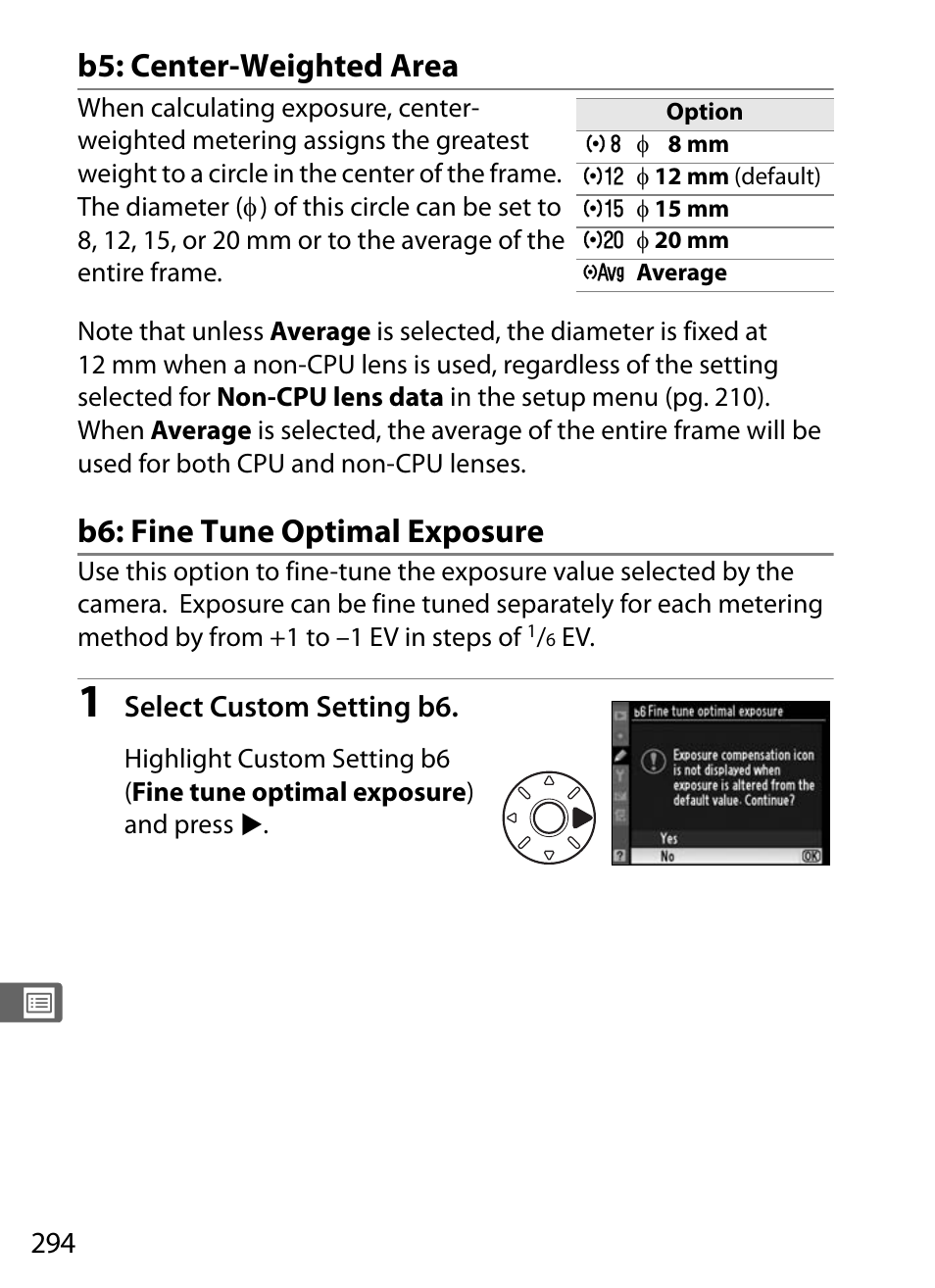 B5: center-weighted area, B6: fine tune optimal exposure | Nikon D700 User Manual | Page 320 / 472