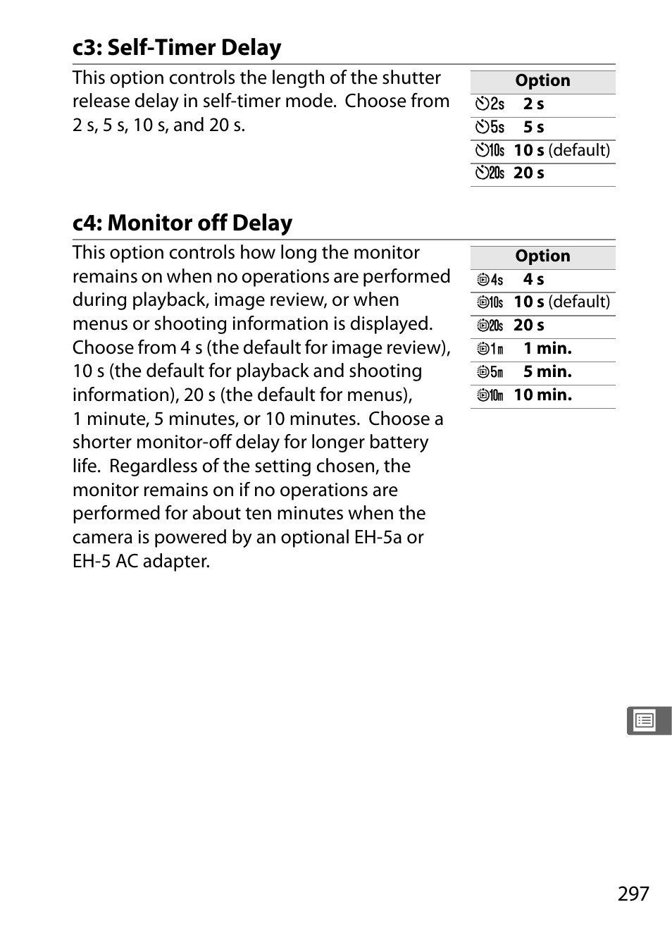 C3: self-timer delay, C4: monitor off delay, C3: self-timer delay c4: monitor off delay | Nikon D700 User Manual | Page 323 / 472