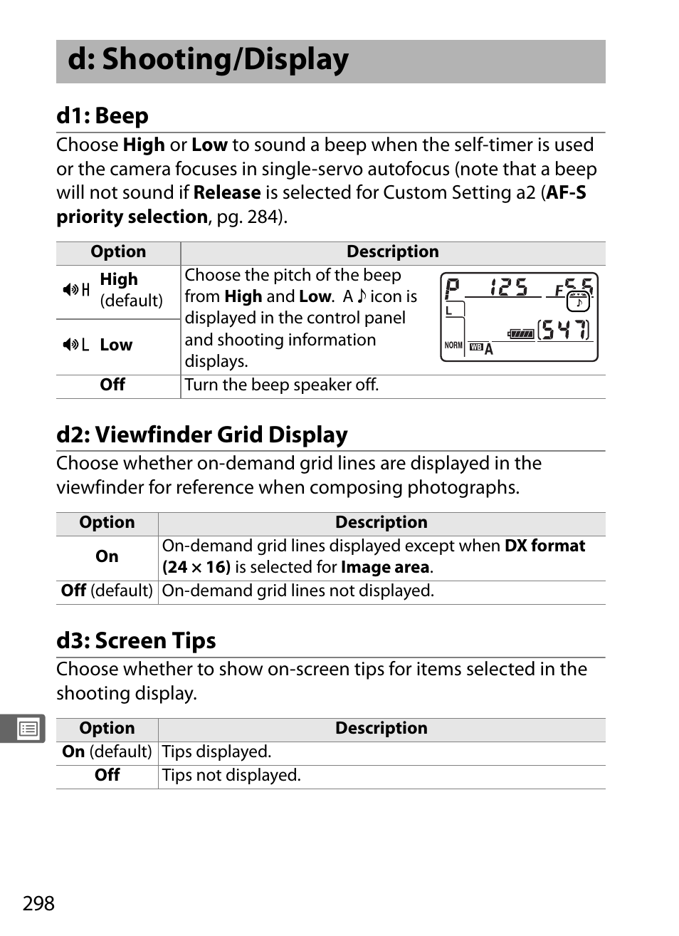 D: shooting/display, D1: beep, D2: viewfinder grid display | D3: screen tips | Nikon D700 User Manual | Page 324 / 472