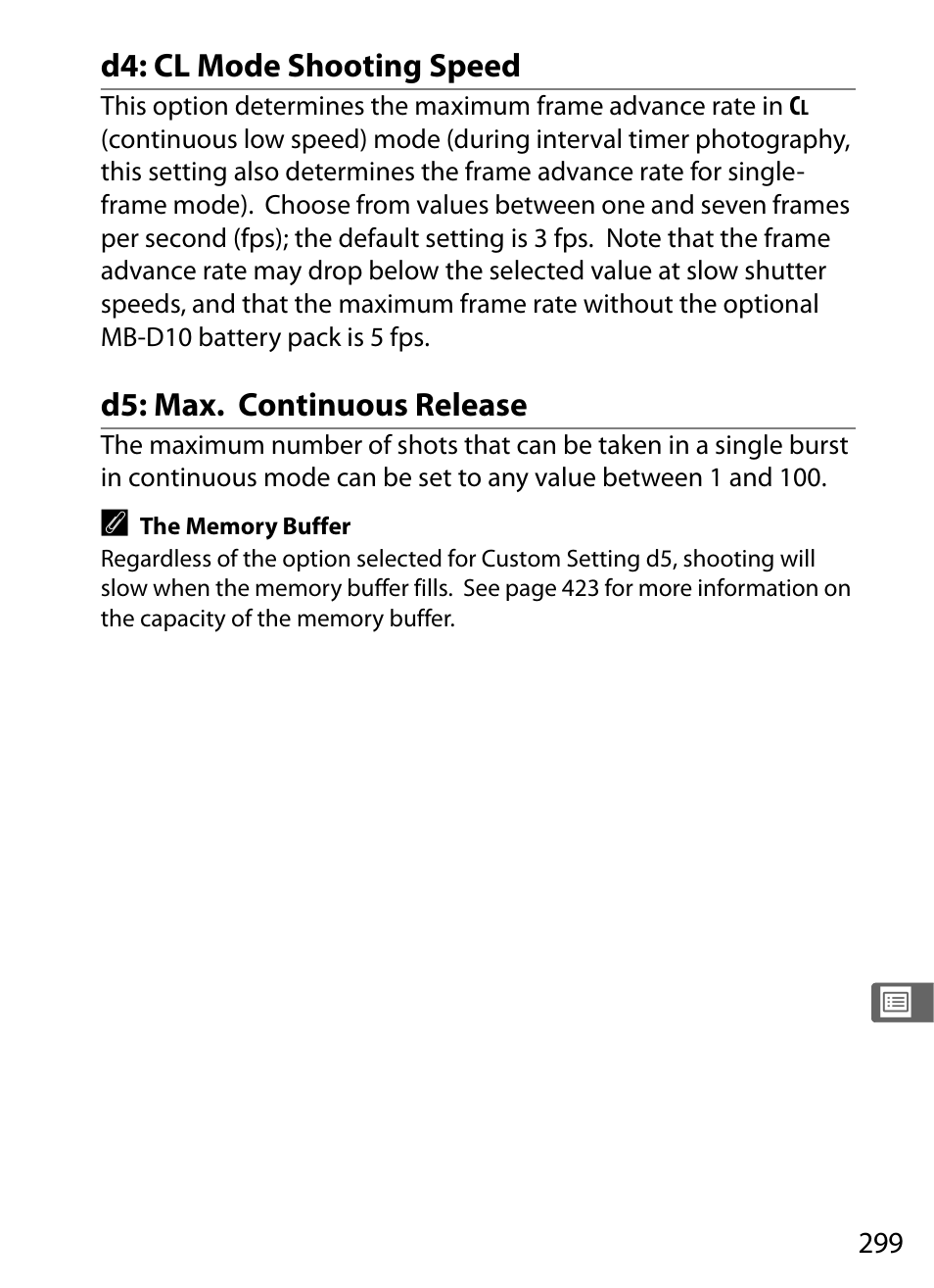 D4: cl mode shooting speed, D5: max. continuous release | Nikon D700 User Manual | Page 325 / 472