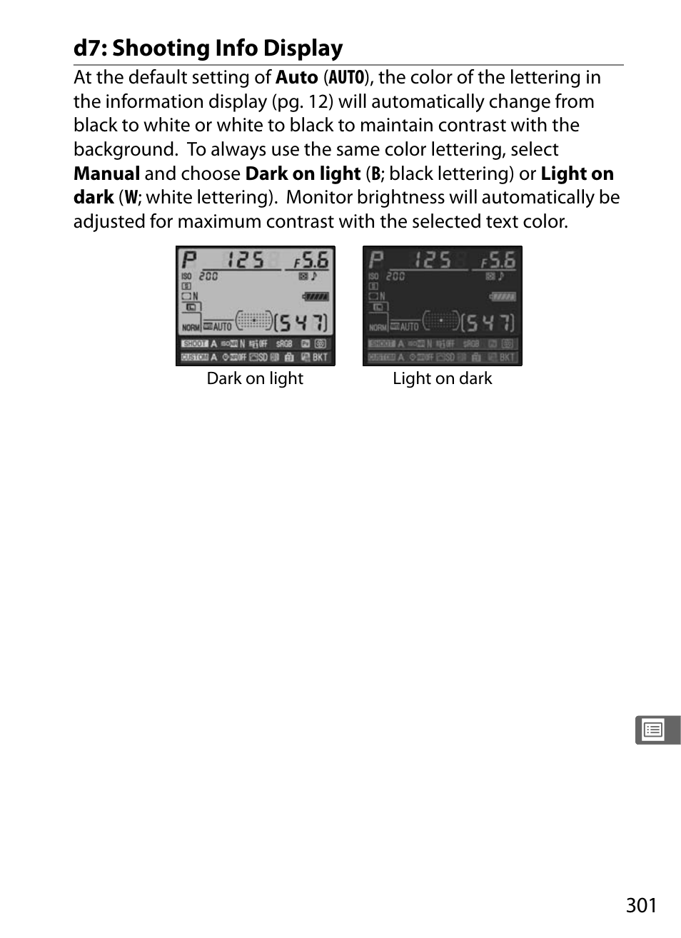 D7: shooting info display | Nikon D700 User Manual | Page 327 / 472