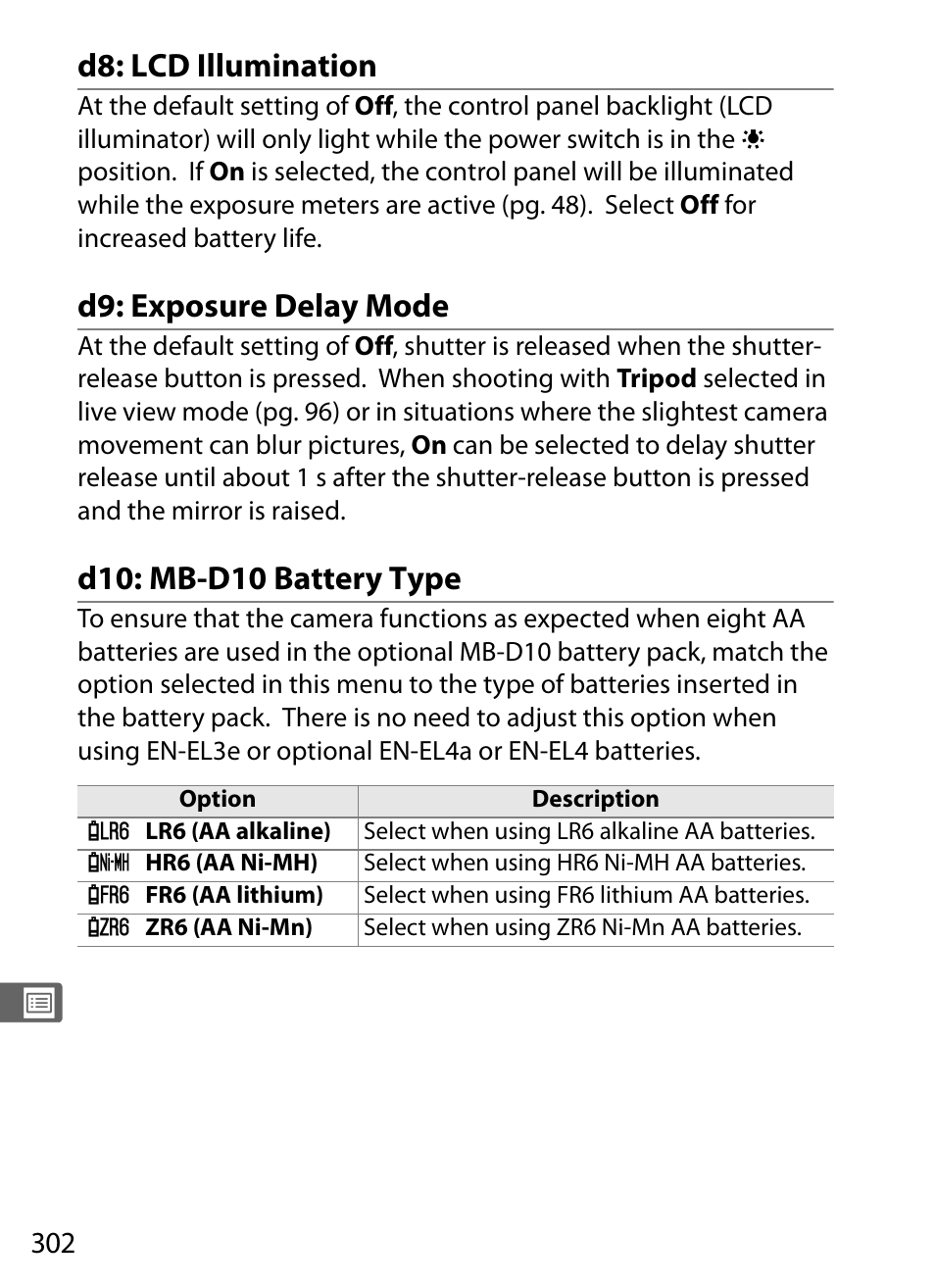 D8: lcd illumination, D9: exposure delay mode, D10: mb-d10 battery type | Nikon D700 User Manual | Page 328 / 472