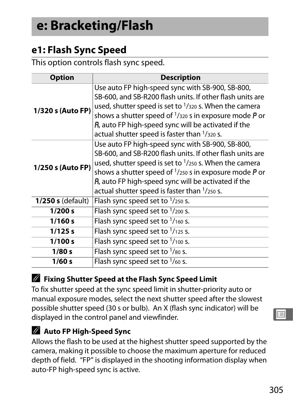 E: bracketing/flash, E1: flash sync speed, This option controls flash sync speed | Nikon D700 User Manual | Page 331 / 472
