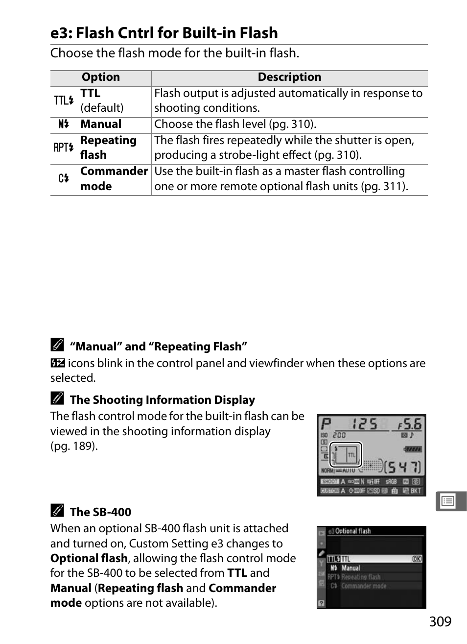 E3: flash cntrl for built-in flash | Nikon D700 User Manual | Page 335 / 472