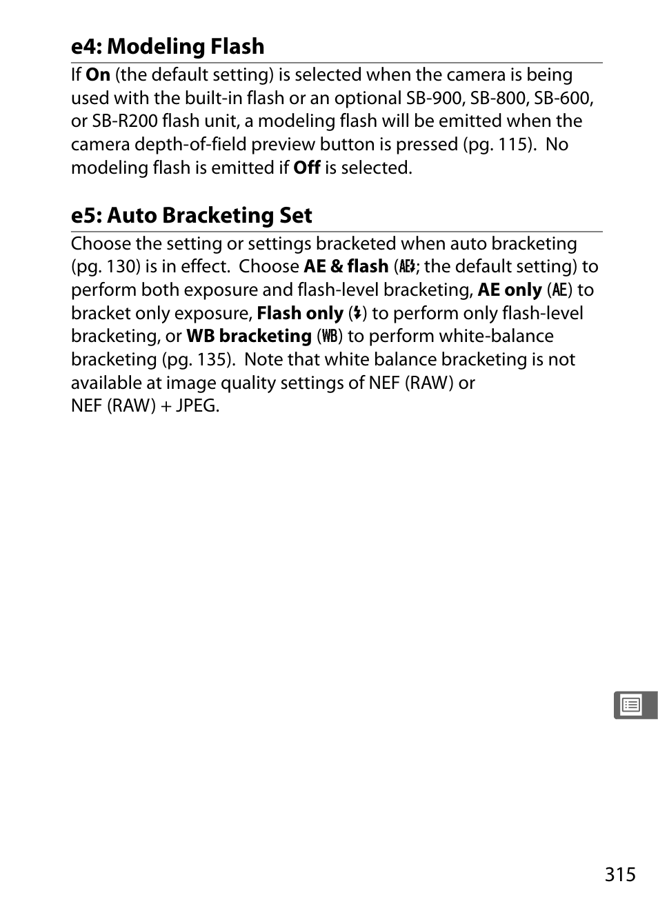 E4: modeling flash, E5: auto bracketing set | Nikon D700 User Manual | Page 341 / 472