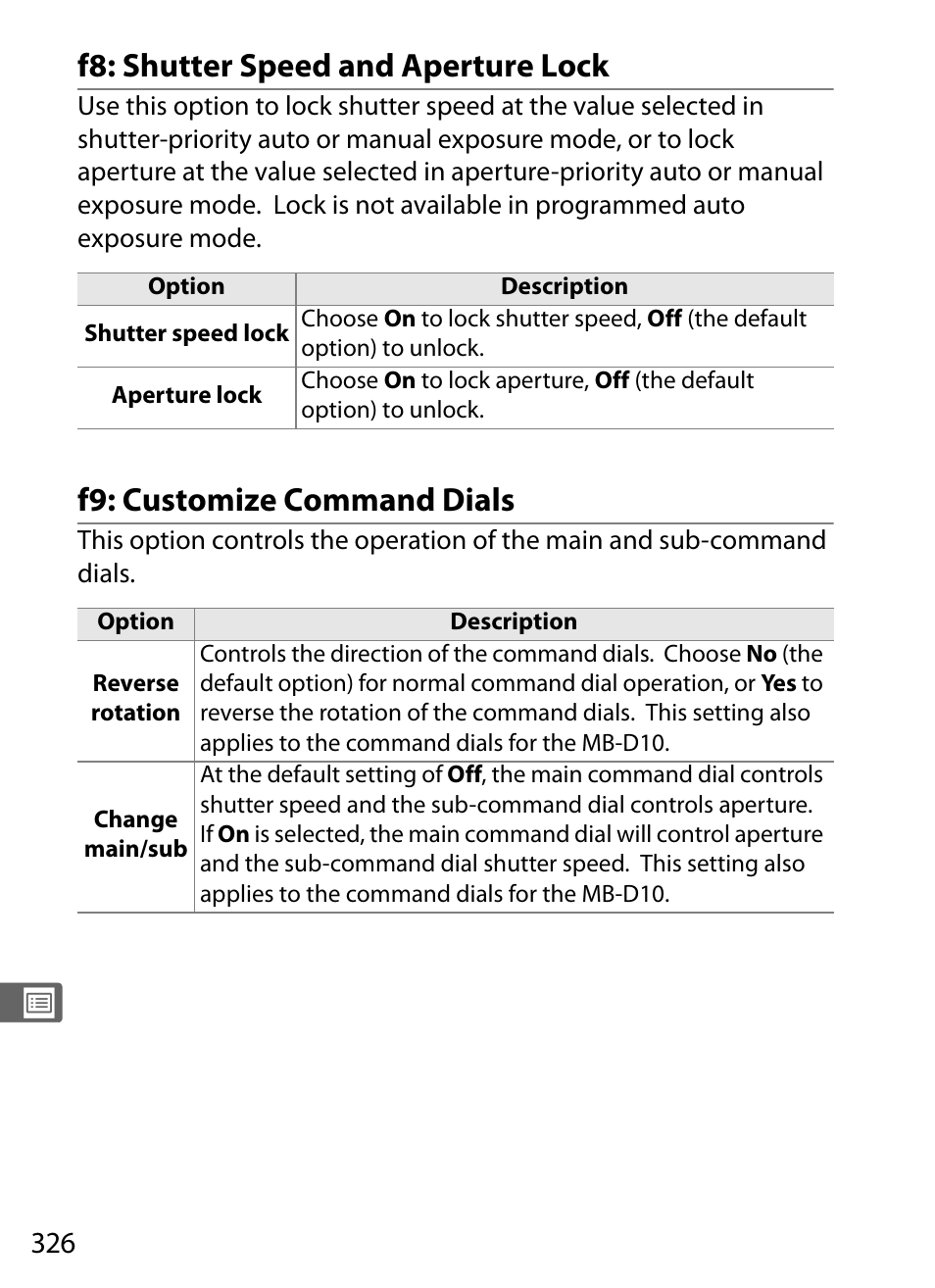 F8: shutter speed and aperture lock, F9: customize command dials | Nikon D700 User Manual | Page 352 / 472