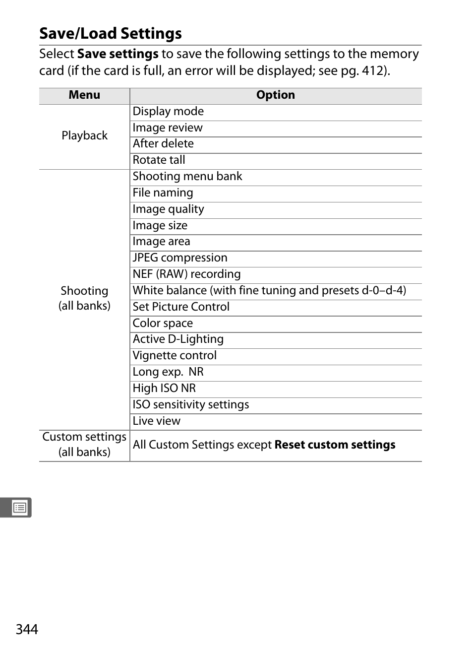 Save/load settings | Nikon D700 User Manual | Page 370 / 472