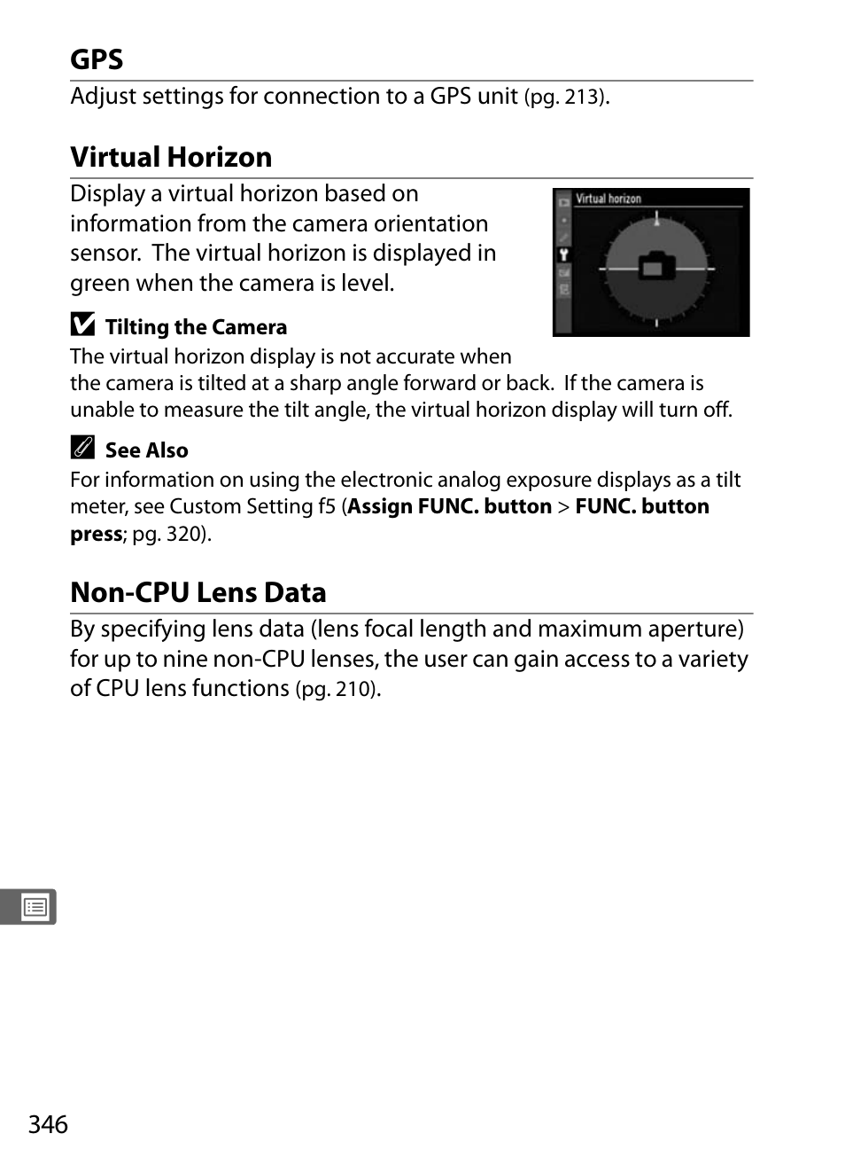 Virtual horizon, Non-cpu lens data | Nikon D700 User Manual | Page 372 / 472