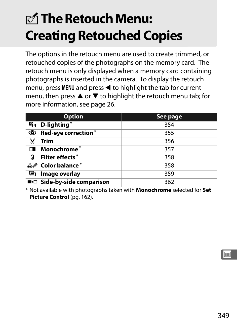 The retouch menu: creating retouched copies, Nthe retouch menu: creating retouched copies | Nikon D700 User Manual | Page 375 / 472