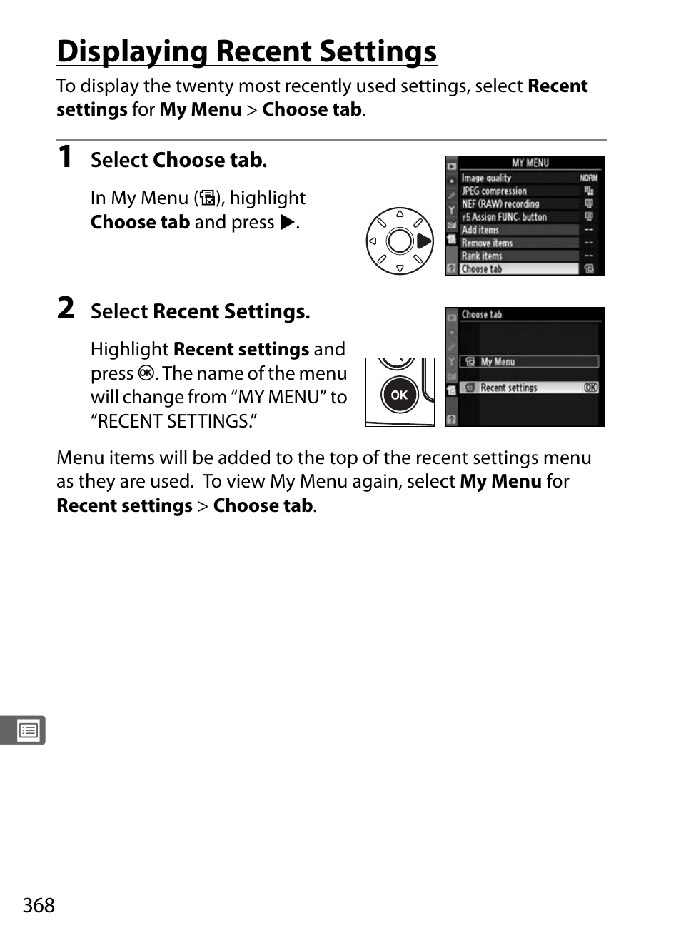 Displaying recent settings | Nikon D700 User Manual | Page 394 / 472