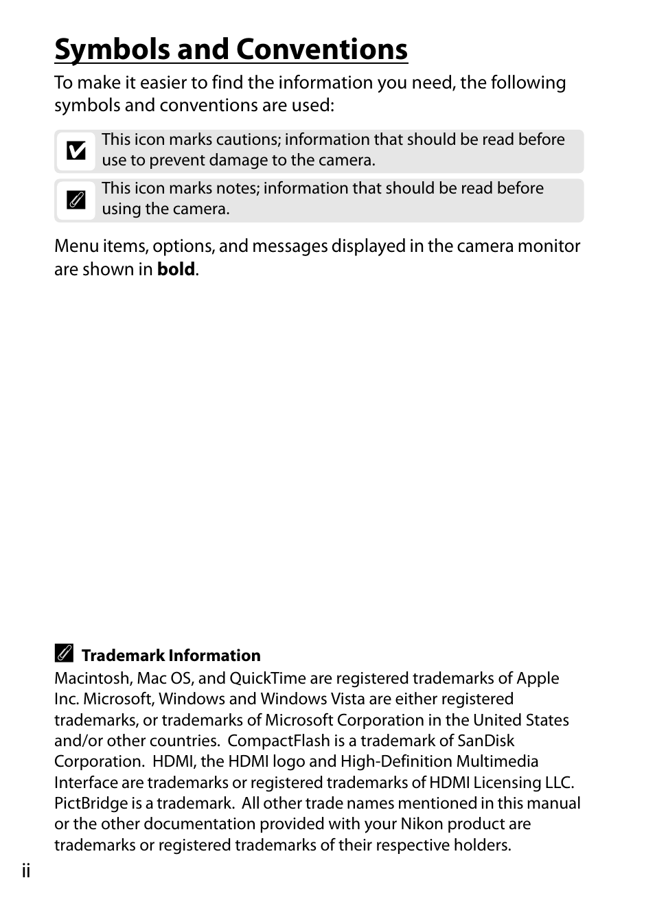 Symbols and conventions | Nikon D700 User Manual | Page 4 / 472