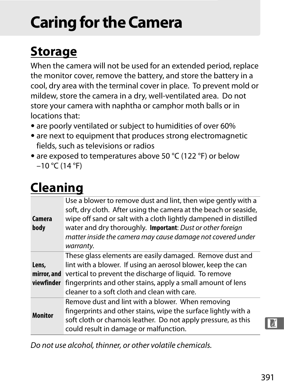 Caring for the camera, Storage, Cleaning | Nikon D700 User Manual | Page 417 / 472