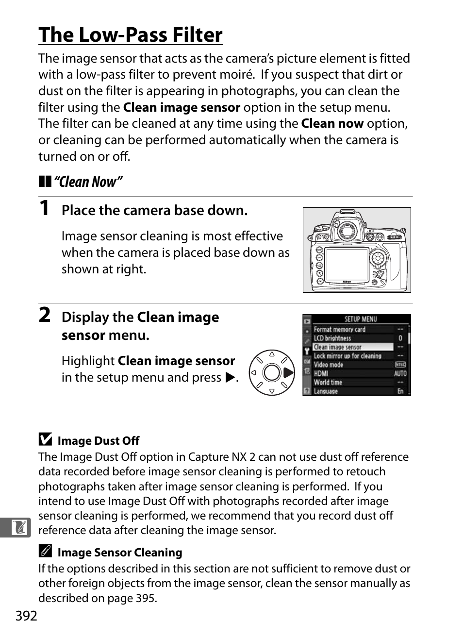 The low-pass filter, Clean now | Nikon D700 User Manual | Page 418 / 472