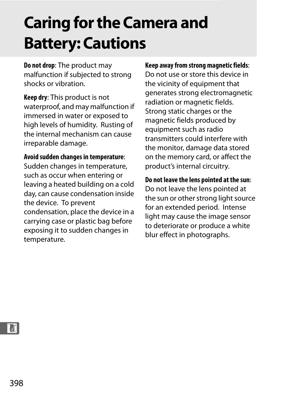 Caring for the camera and battery: cautions | Nikon D700 User Manual | Page 424 / 472