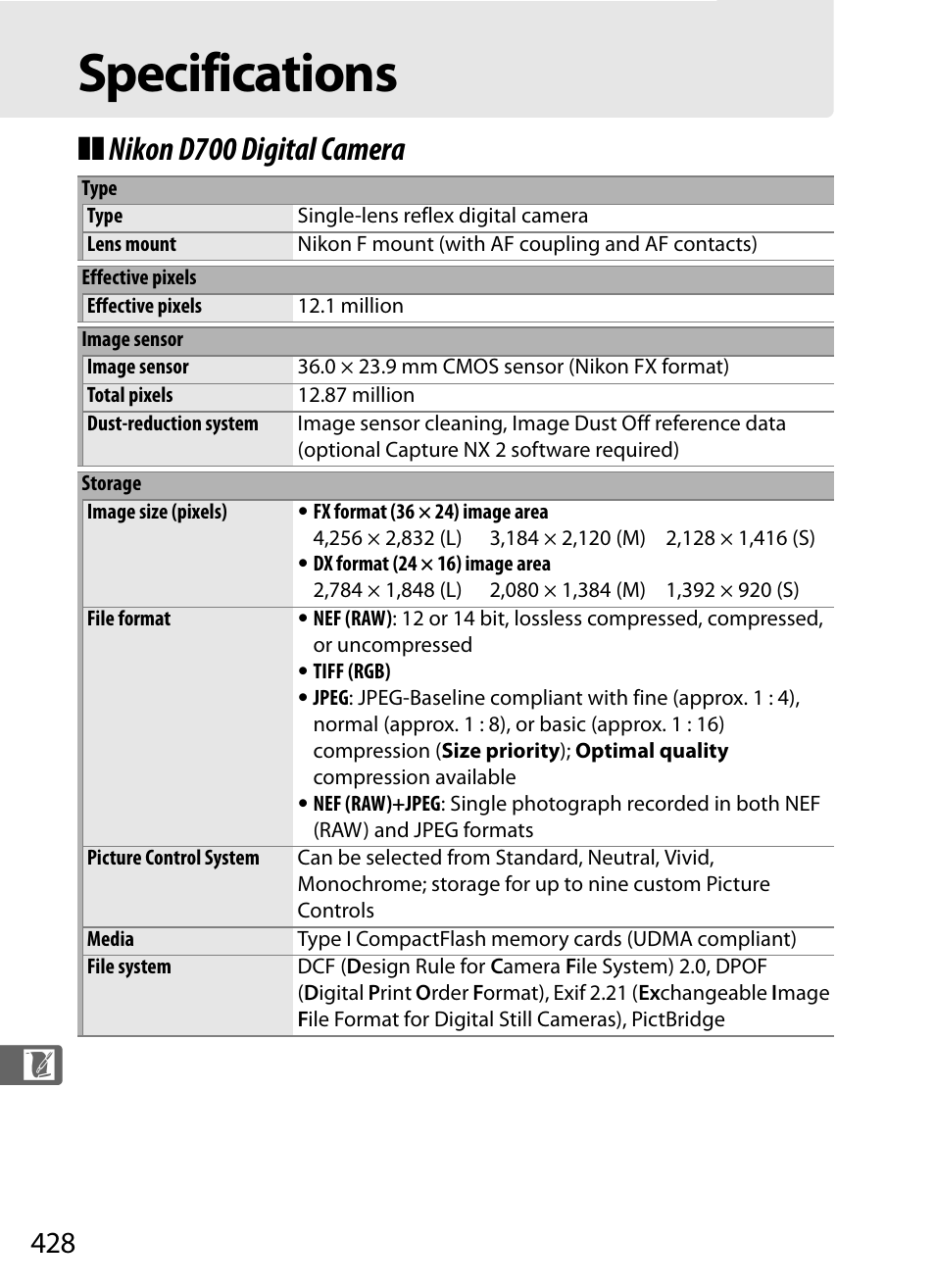 Specifications, Nikon d700 digital camera | Nikon D700 User Manual | Page 454 / 472