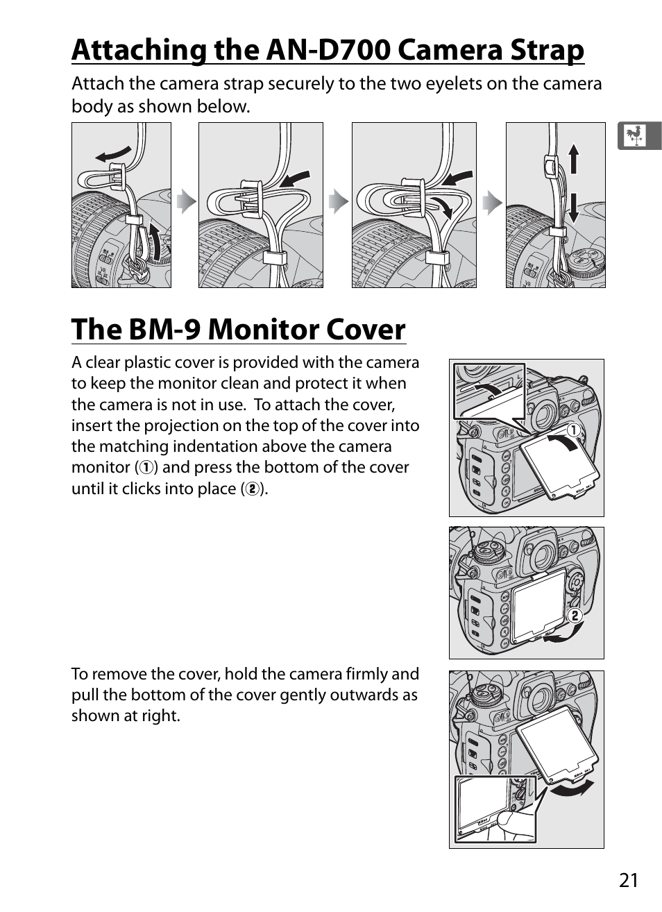 Attaching the an-d700 camera strap, The bm-9 monitor cover | Nikon D700 User Manual | Page 47 / 472