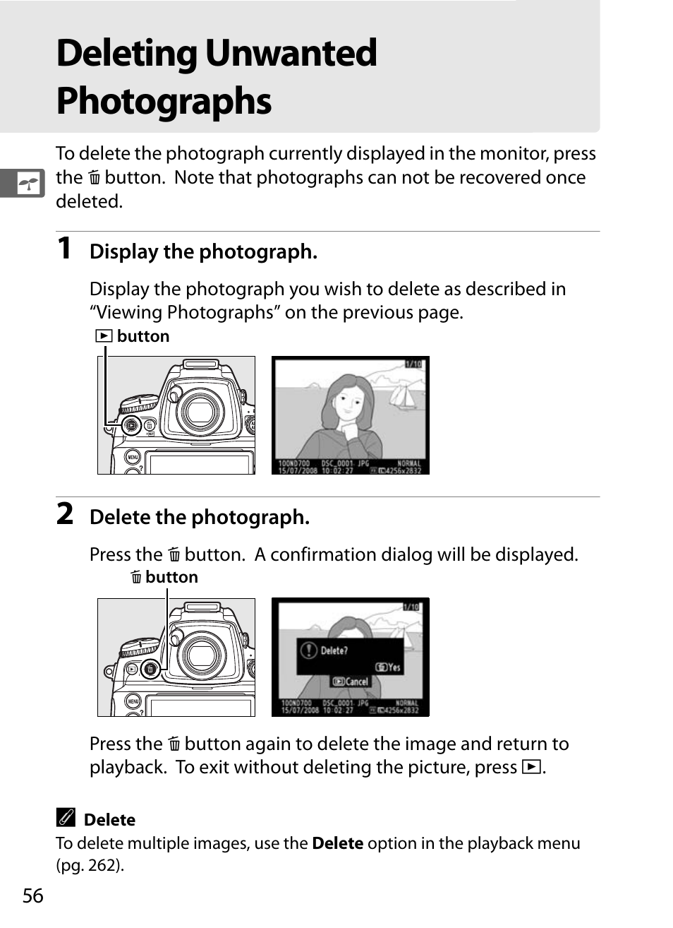 Deleting unwantedphotographs, Deleting unwanted photographs | Nikon D700 User Manual | Page 82 / 472