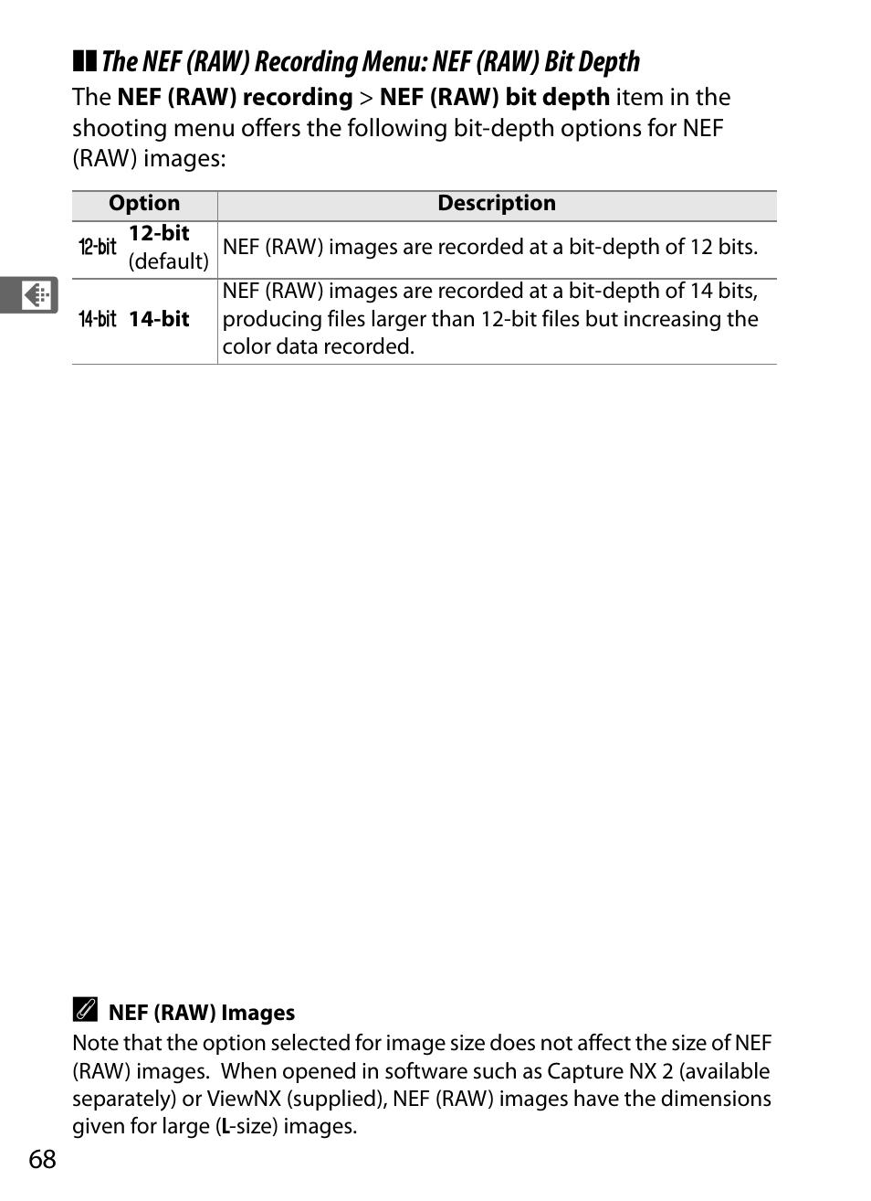The nef (raw) recording menu: nef (raw) bit depth | Nikon D700 User Manual | Page 94 / 472