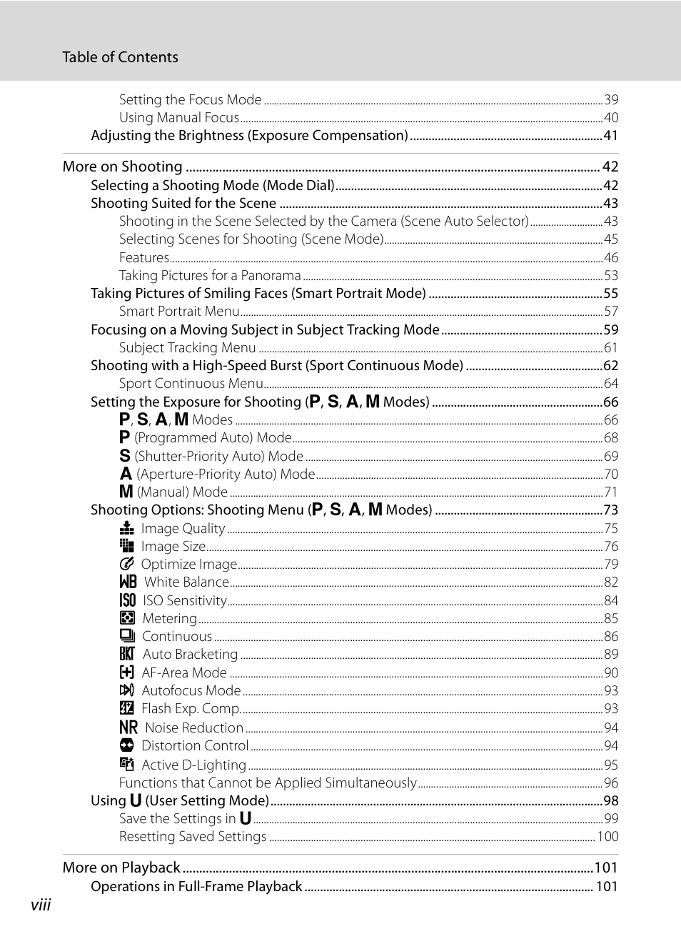 Viii | Nikon COOLPIX-P100 User Manual | Page 10 / 216