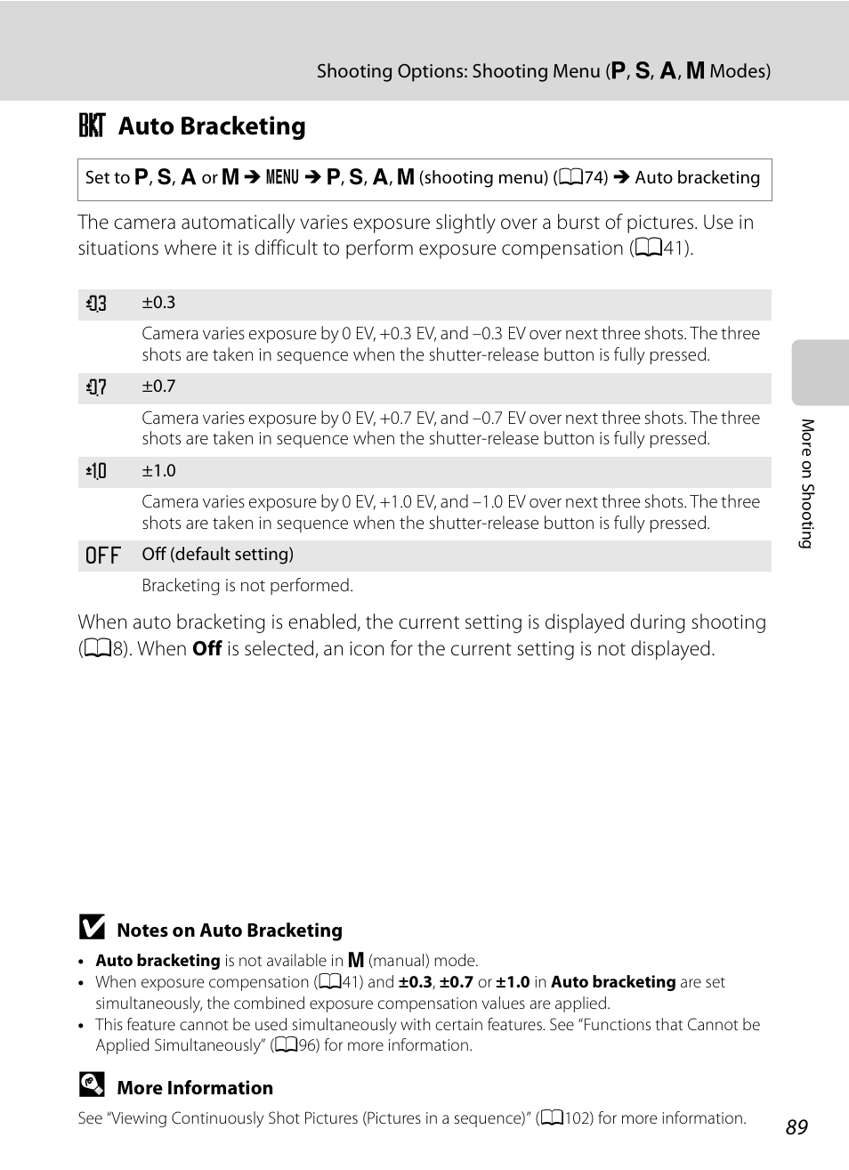 Auto bracketing, H auto bracketing, A89) | Nikon COOLPIX-P100 User Manual | Page 101 / 216