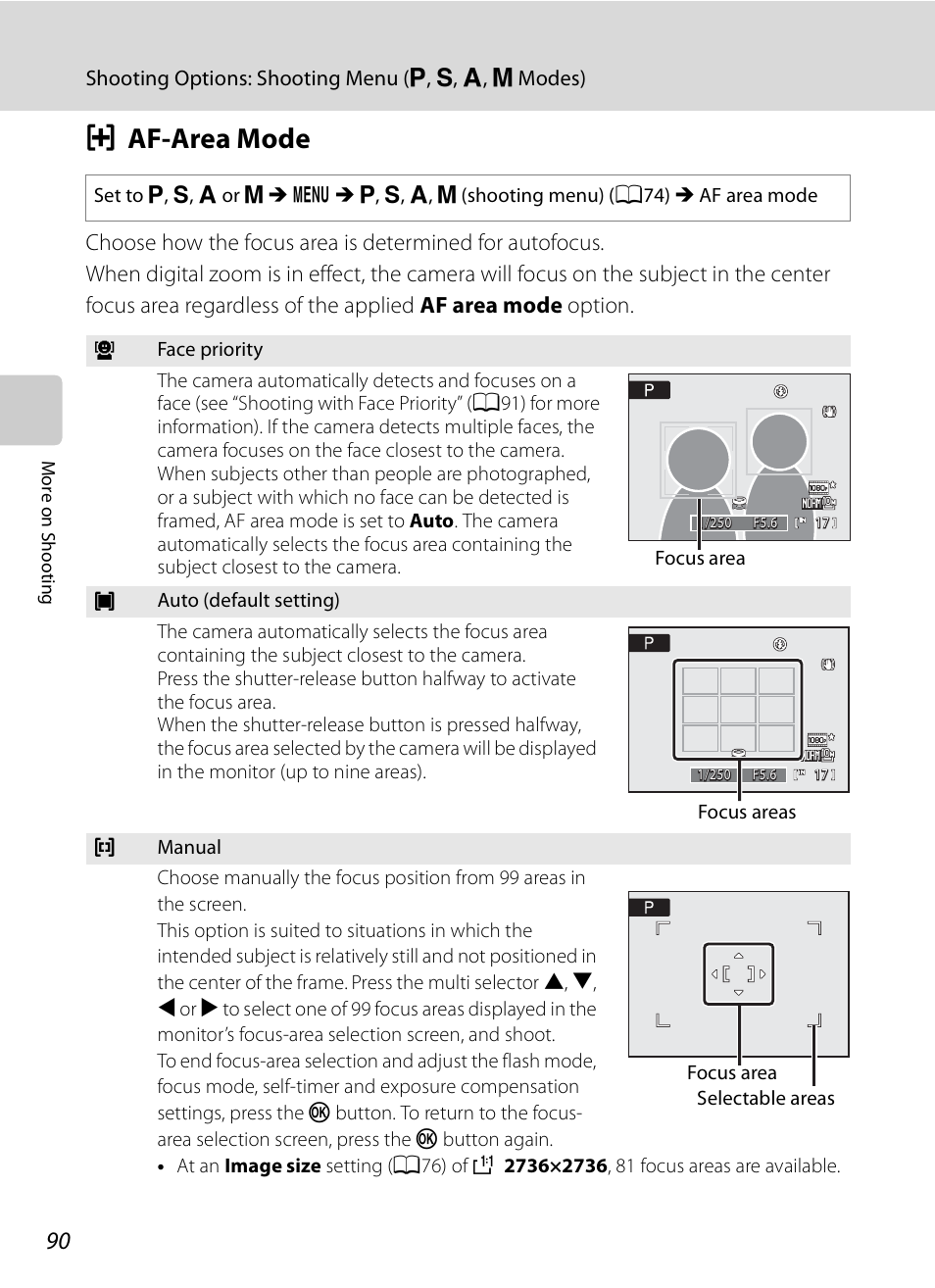 Af-area mode, G af-area mode, A90) | A90) t | Nikon COOLPIX-P100 User Manual | Page 102 / 216