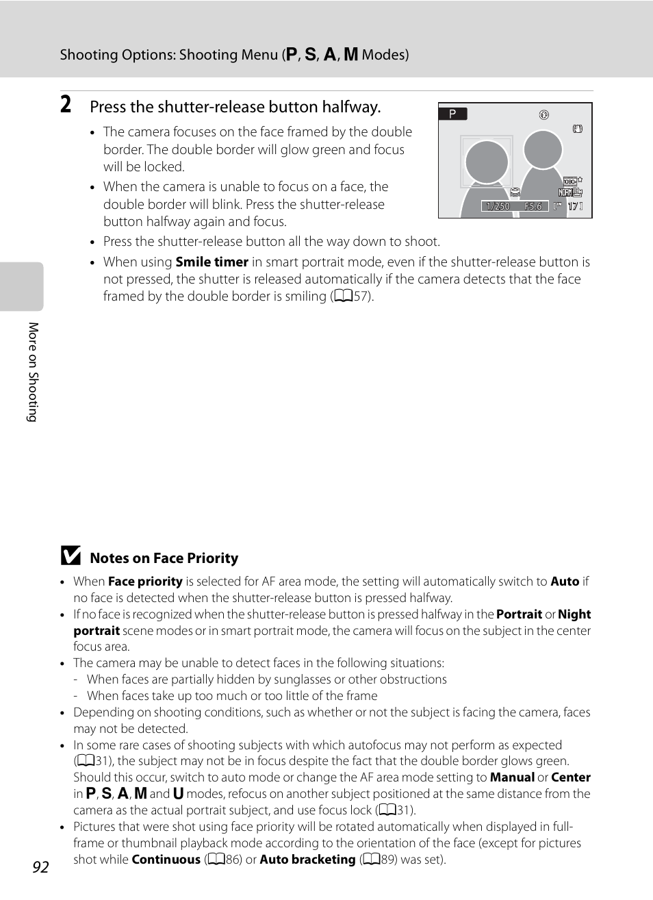 See “notes on face priority, A92), Press the shutter-release button halfway | Nikon COOLPIX-P100 User Manual | Page 104 / 216