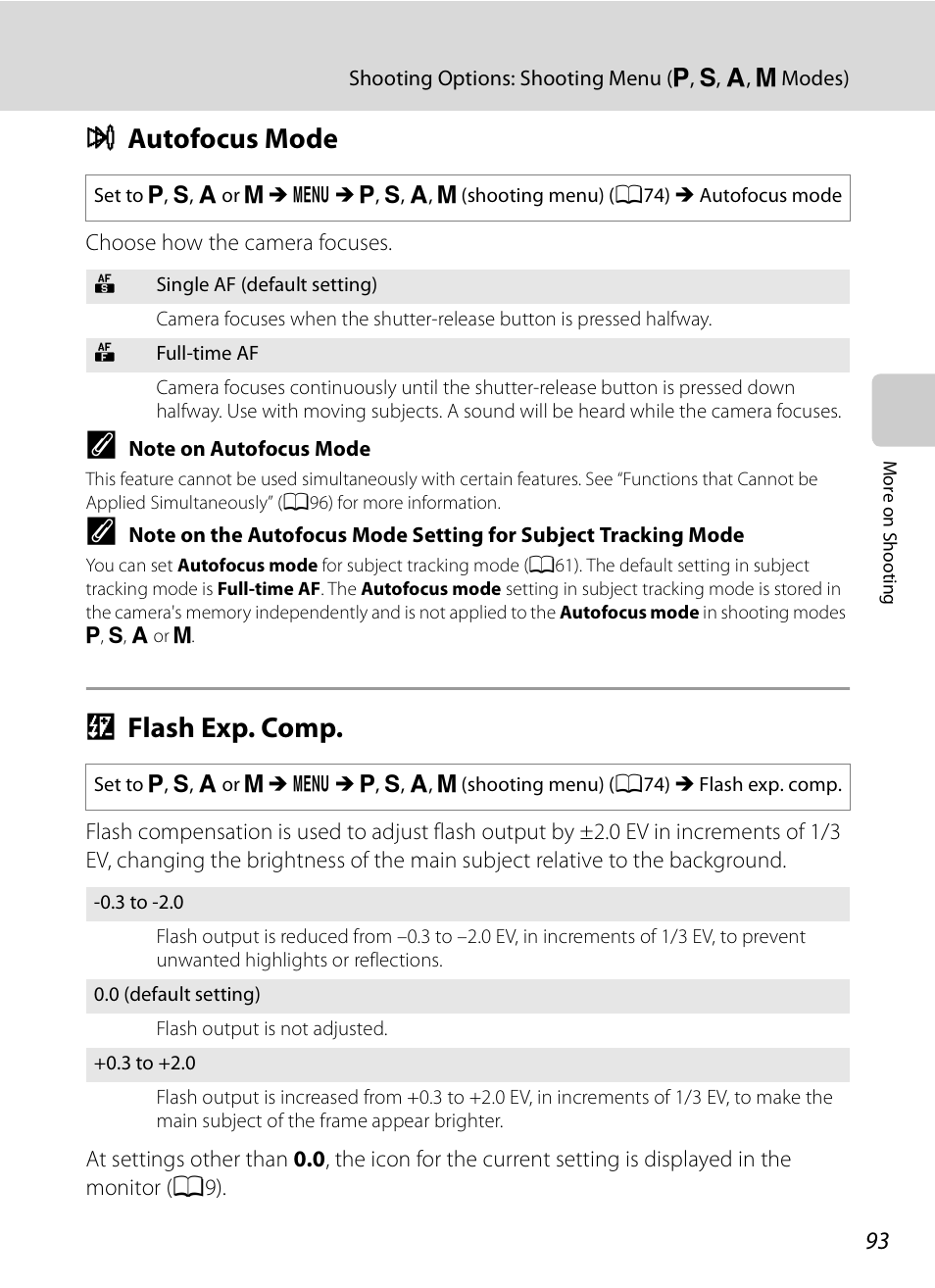 Autofocus mode, Flash exp. comp, I autofocus mode j flash exp. comp | A93) u, A93), I autofocus mode, J flash exp. comp | Nikon COOLPIX-P100 User Manual | Page 105 / 216