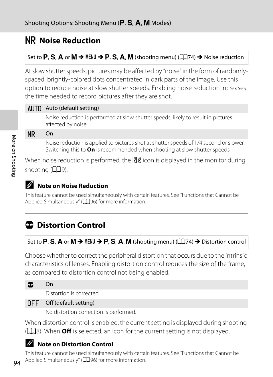 Noise reduction, Distortion control, M noise reduction q distortion control | A94) t, M noise reduction, Q distortion control | Nikon COOLPIX-P100 User Manual | Page 106 / 216