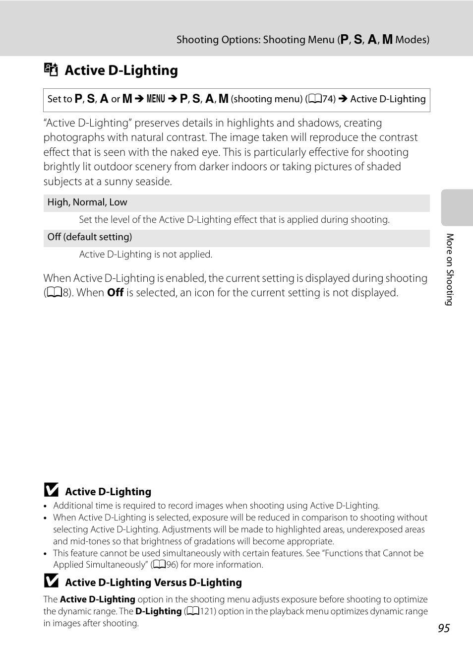 Active d-lighting, J active d-lighting | Nikon COOLPIX-P100 User Manual | Page 107 / 216