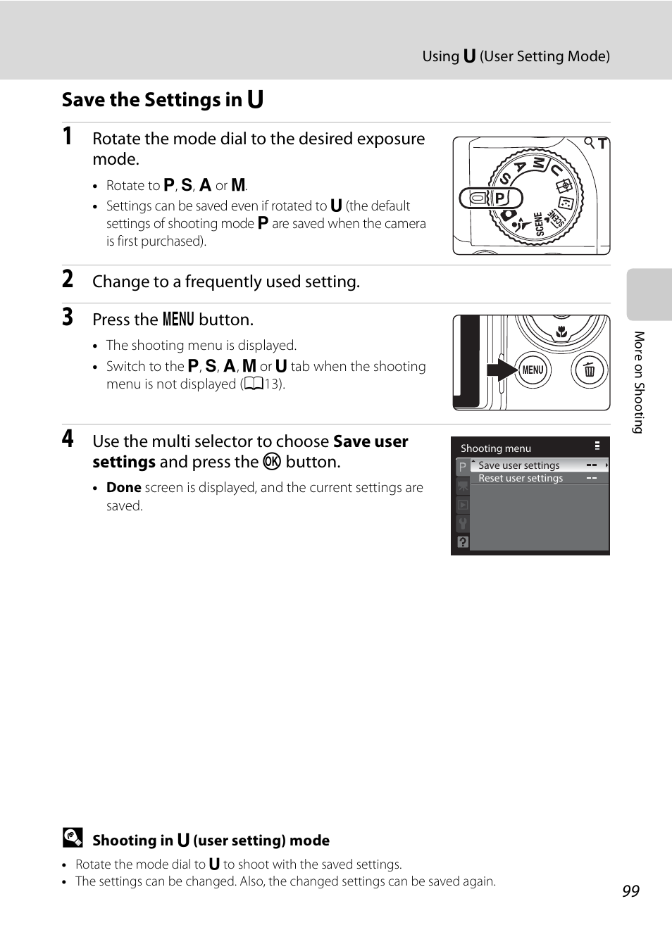 Save the settings in u, Save the settings in, Save the settings in m | Nikon COOLPIX-P100 User Manual | Page 111 / 216