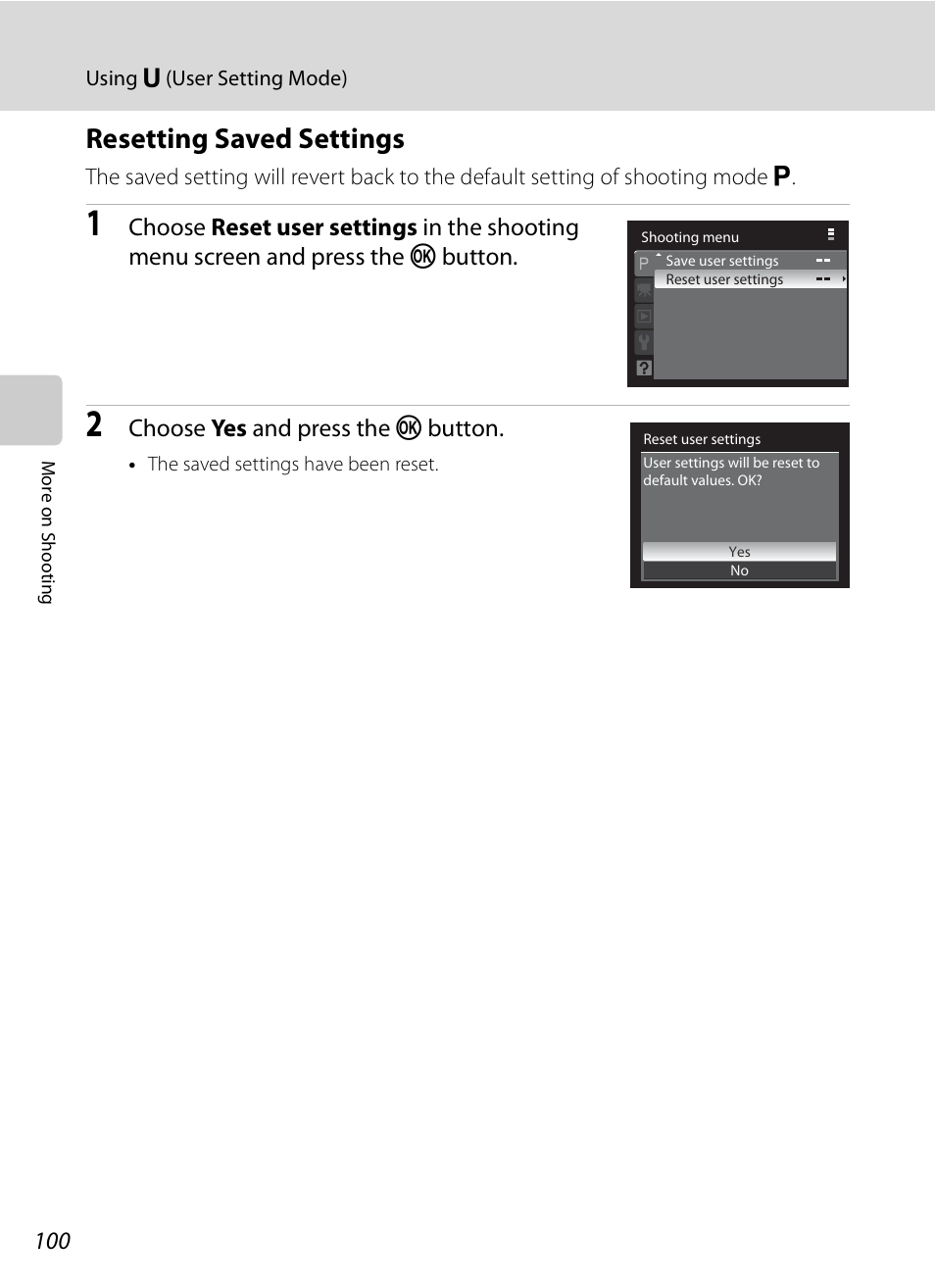Resetting saved settings, A100 | Nikon COOLPIX-P100 User Manual | Page 112 / 216