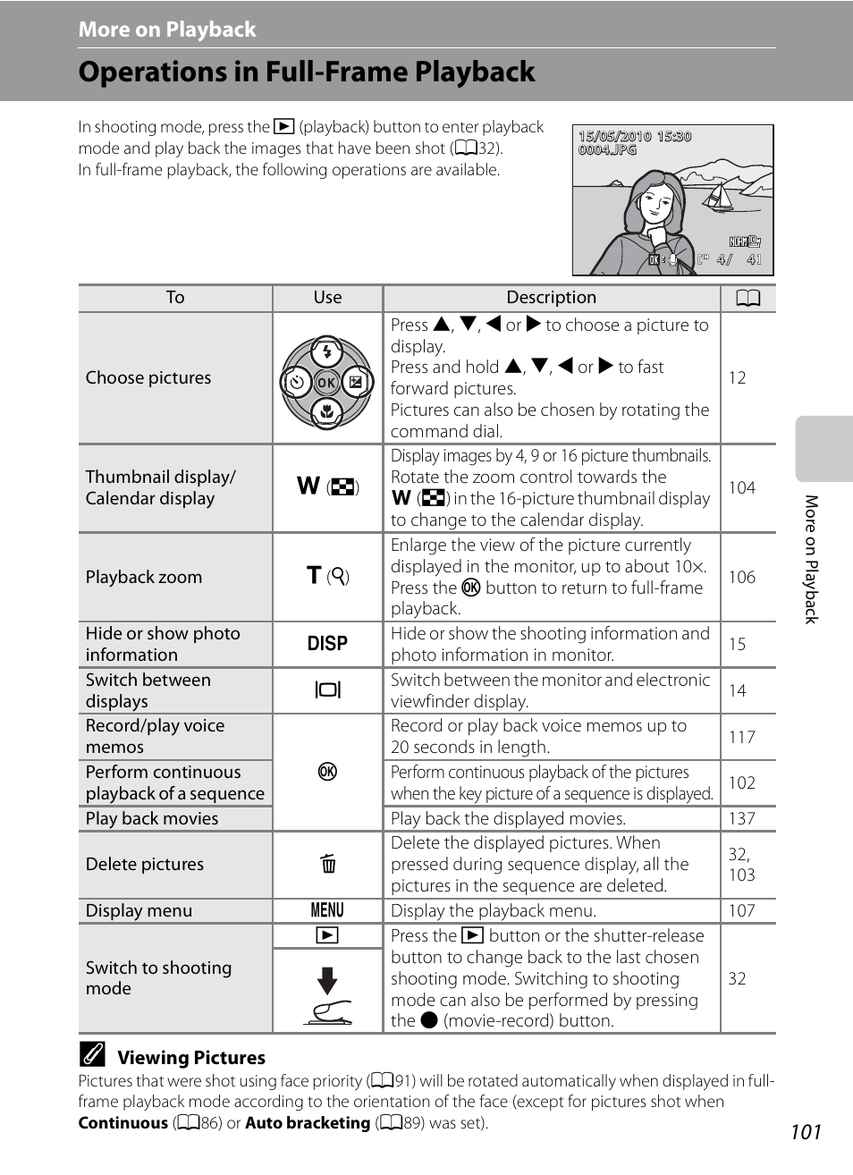 More on playback, Operations in full-frame playback, A101) o | Nikon COOLPIX-P100 User Manual | Page 113 / 216