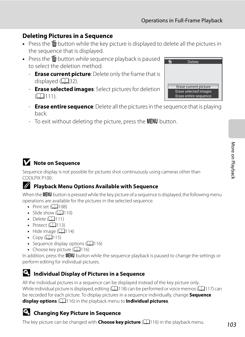 Deleting pictures in a sequence | Nikon COOLPIX-P100 User Manual | Page 115 / 216
