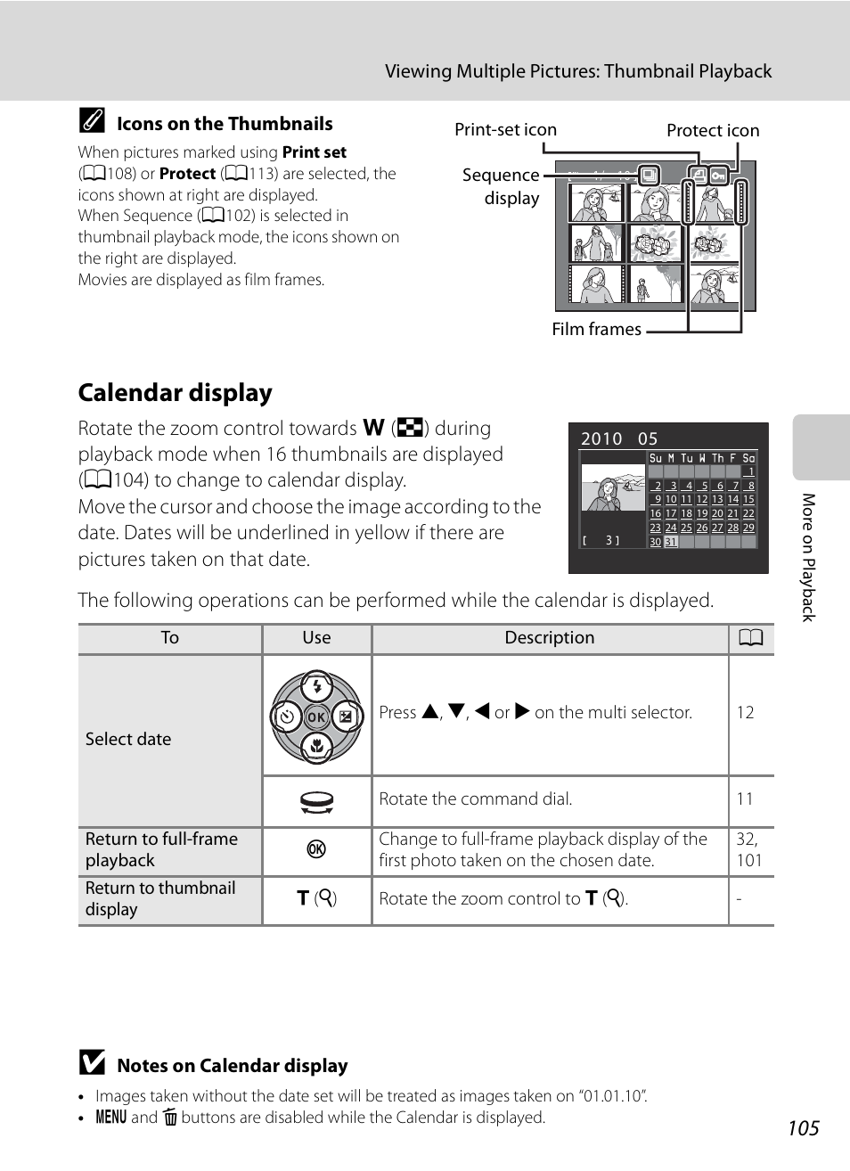 Calendar display, A105) | Nikon COOLPIX-P100 User Manual | Page 117 / 216