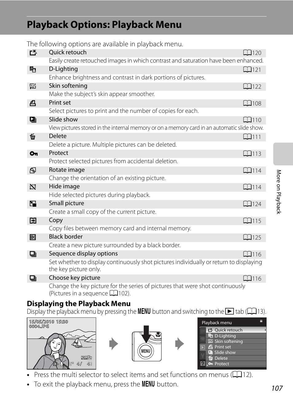 Playback options: playback menu, A107) t, Displaying the playback menu | Nikon COOLPIX-P100 User Manual | Page 119 / 216