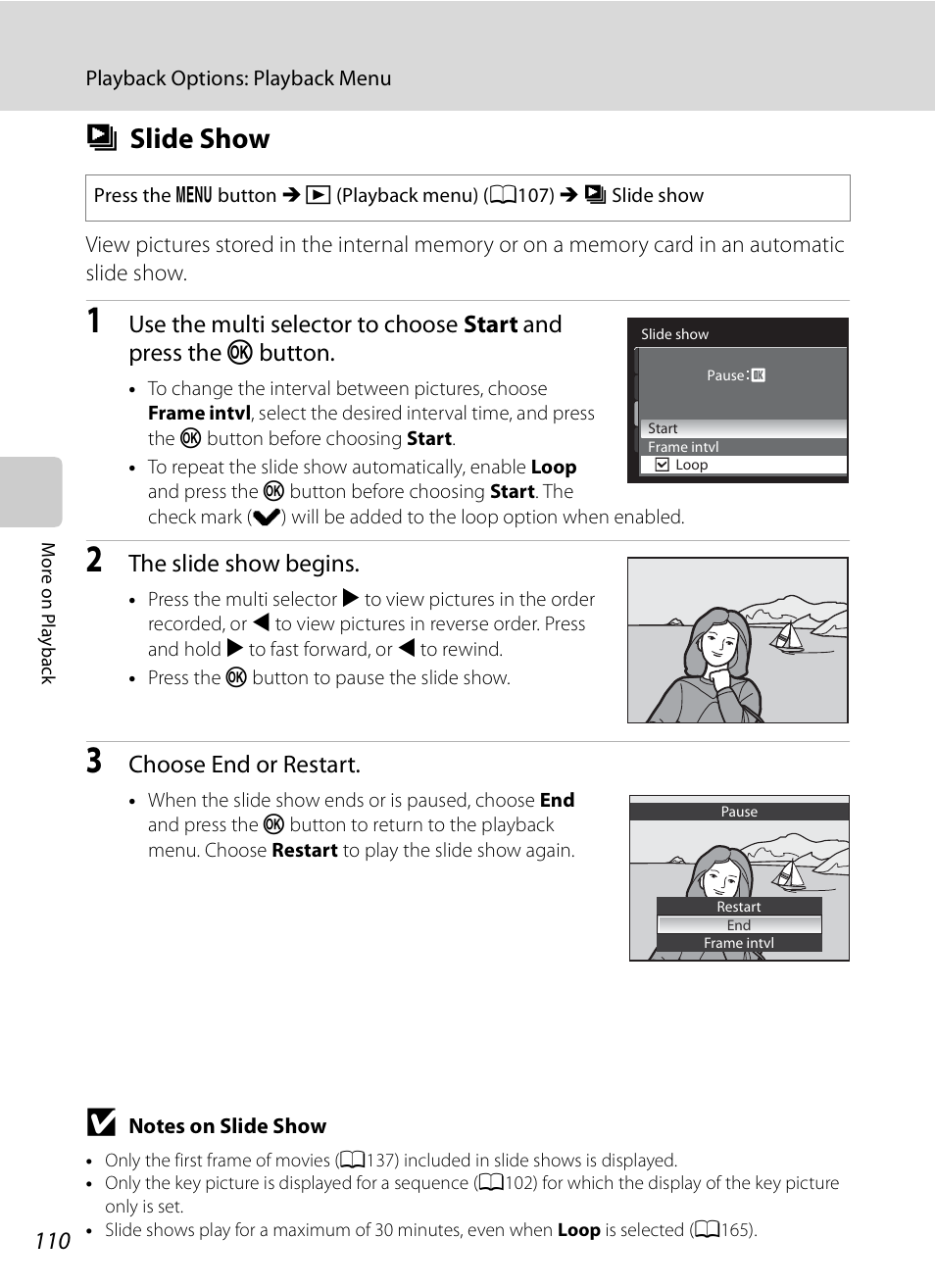 Slide show, B slide show, A110) | A110, The slide show begins, Choose end or restart | Nikon COOLPIX-P100 User Manual | Page 122 / 216