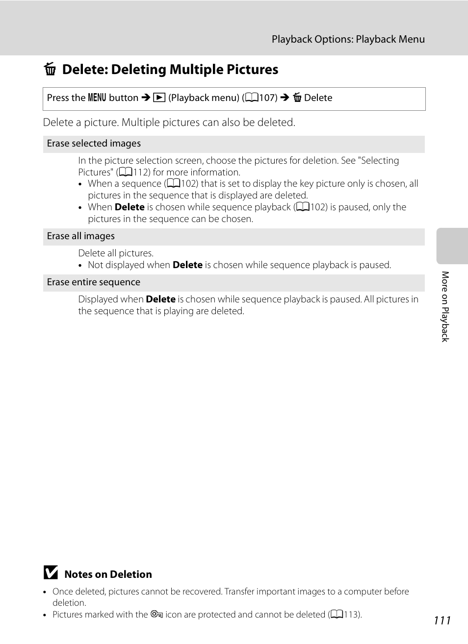 Delete: deleting multiple pictures, C delete: deleting multiple pictures, A111) fro | A111), A111 | Nikon COOLPIX-P100 User Manual | Page 123 / 216